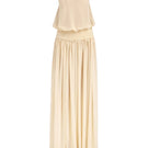 Beige satin maxi dress by Stolen Stores, featuring a flowing chiffon style and elegant design, perfect for formal occasions.