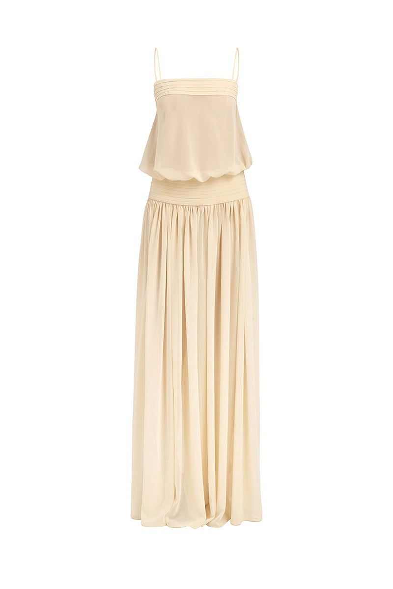 Beige satin maxi dress by Stolen Stores, featuring a flowing chiffon style and elegant design, perfect for formal occasions.