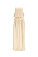 Beige satin maxi dress by Stolen Stores, featuring a flowing chiffon style and elegant design, perfect for formal occasions.