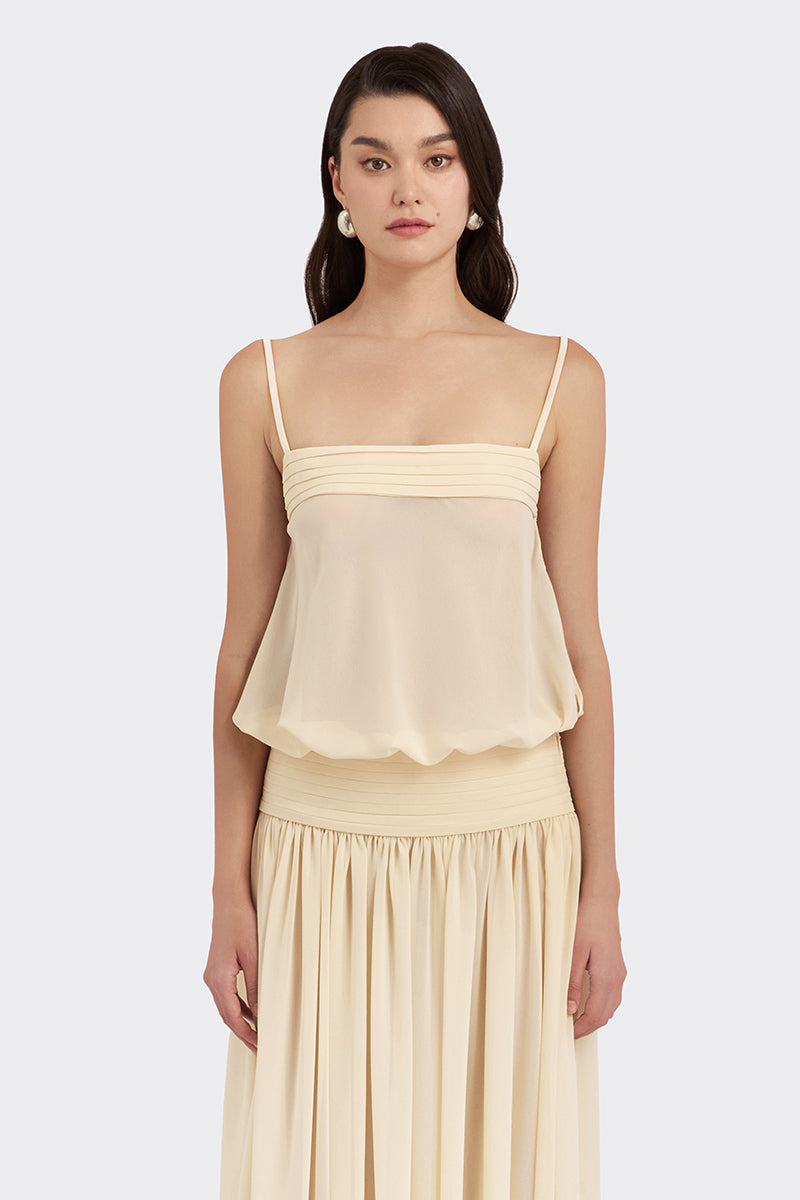 Beige satin Kaia maxi dress by Stolen Stores, flowing chiffon fabric, elegant length, perfect for formal or special occasions.