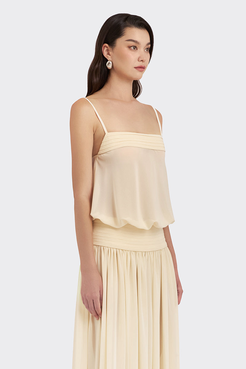 Beige satin maxi dress by Stolen Stores featuring a flowy chiffon fabric and elegant design.