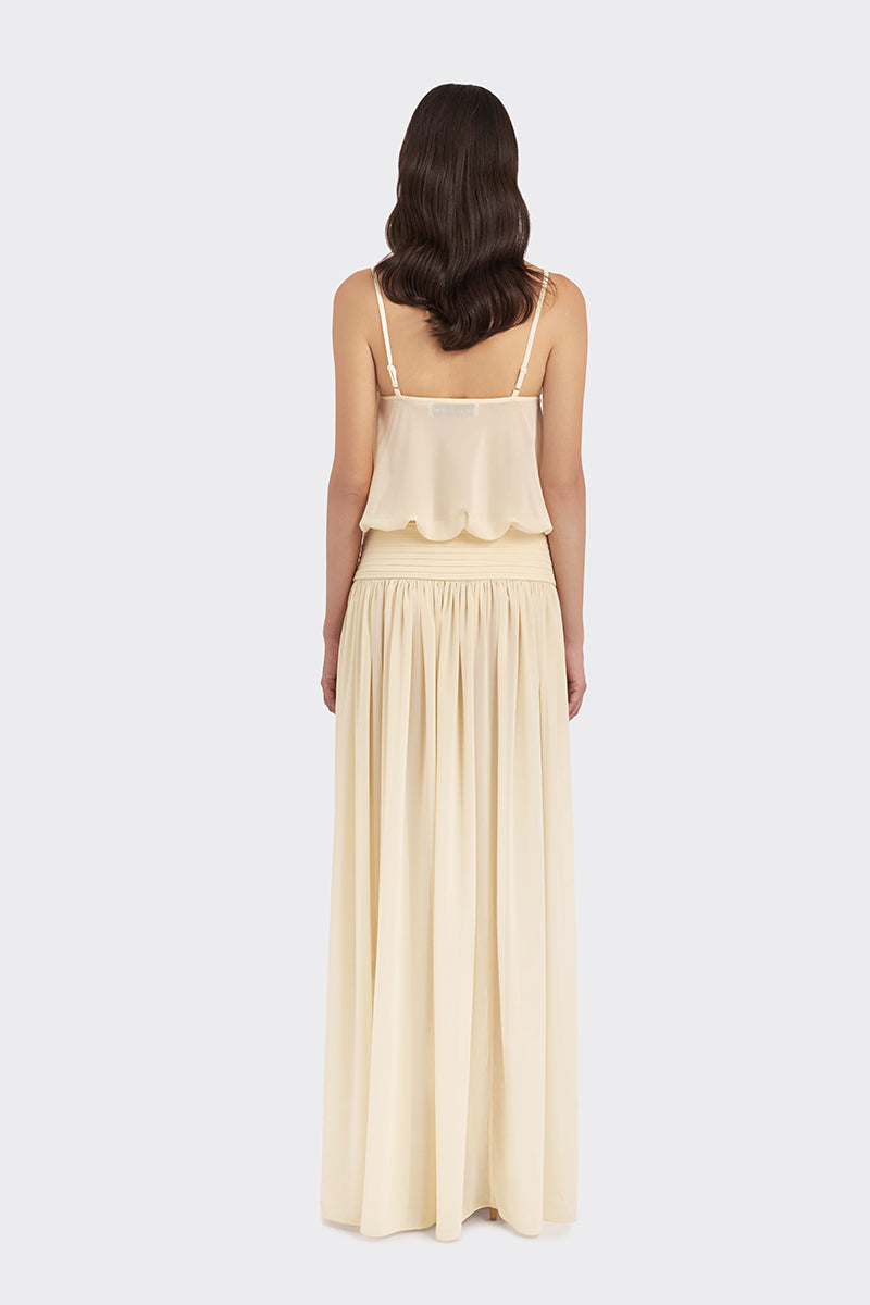 Beige satin maxi dress by Stolen Stores featuring a flowing chiffon design and elegant long silhouette.