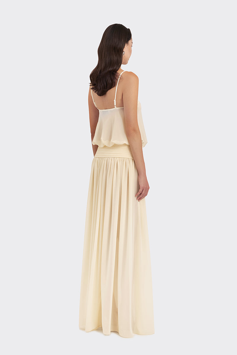 Beige satin maxi dress by Stolen Stores, flowing chiffon style, full-length design, elegant and stylish for special occasions.