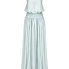 Light green satin maxi dress by Stolen Stores, featuring a flowing chiffon design and elegant floor-length silhouette.