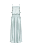 Light green satin maxi dress by Stolen Stores, featuring a flowing chiffon design and elegant floor-length silhouette.