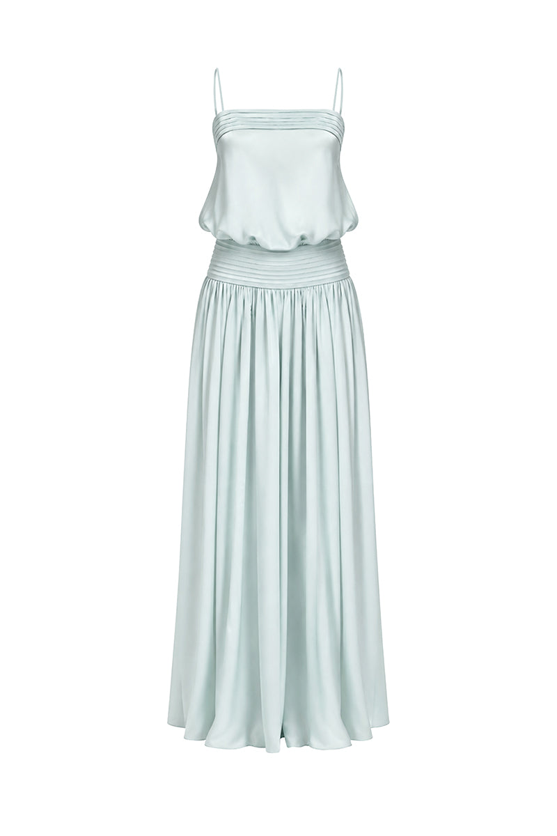 Light green satin maxi dress by Stolen Stores, featuring a flowing chiffon design and elegant floor-length silhouette.