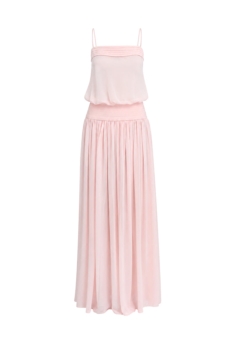 Light pink Kaia chiffon maxi dress by Stolen Stores, flowing fabric with a long, elegant silhouette and delicate shoulder straps.