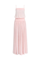Light pink Kaia chiffon maxi dress by Stolen Stores, flowing fabric with a long, elegant silhouette and delicate shoulder straps.