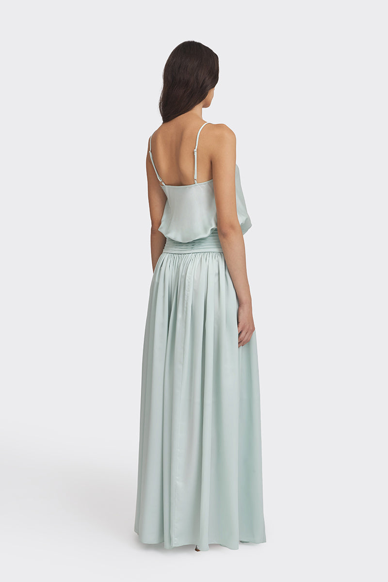Light green satin maxi dress by Stolen Stores, styled with flowing fabric and elegant design for sophisticated occasions.