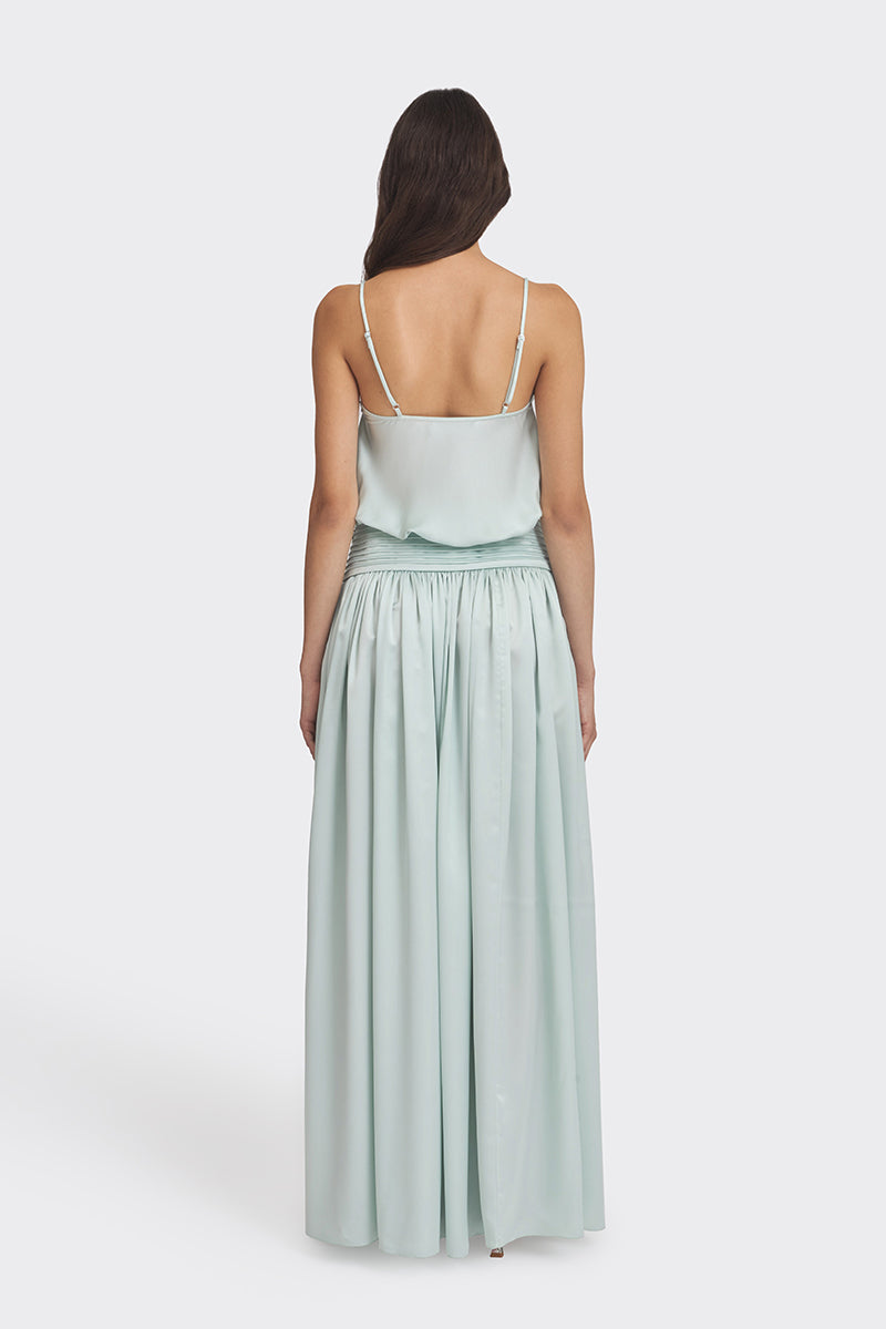 Light green satin maxi dress by Stolen Stores featuring a flowing silhouette and elegant design.