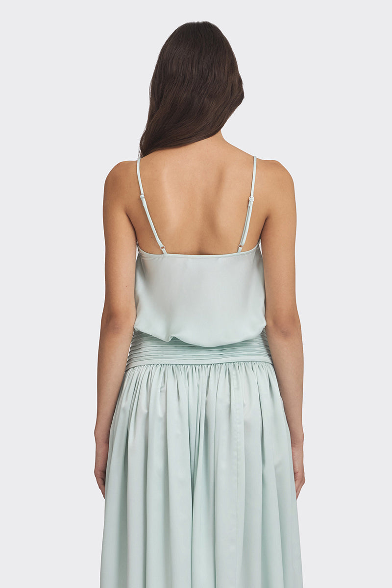 Light green satin maxi dress by Stolen Stores, featuring a flowing silhouette and elegant design, perfect for formal occasions.