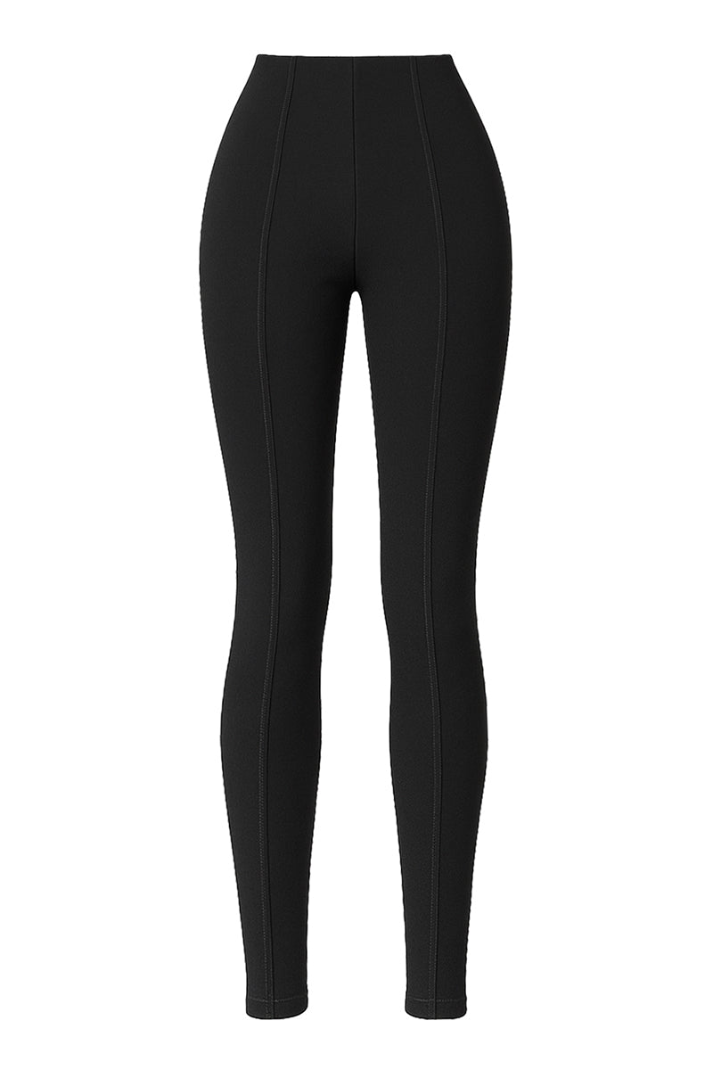 Black KALLISTE leggings by Khanum's laid flat, showing their sleek design and stretchy fabric for comfortable wear.