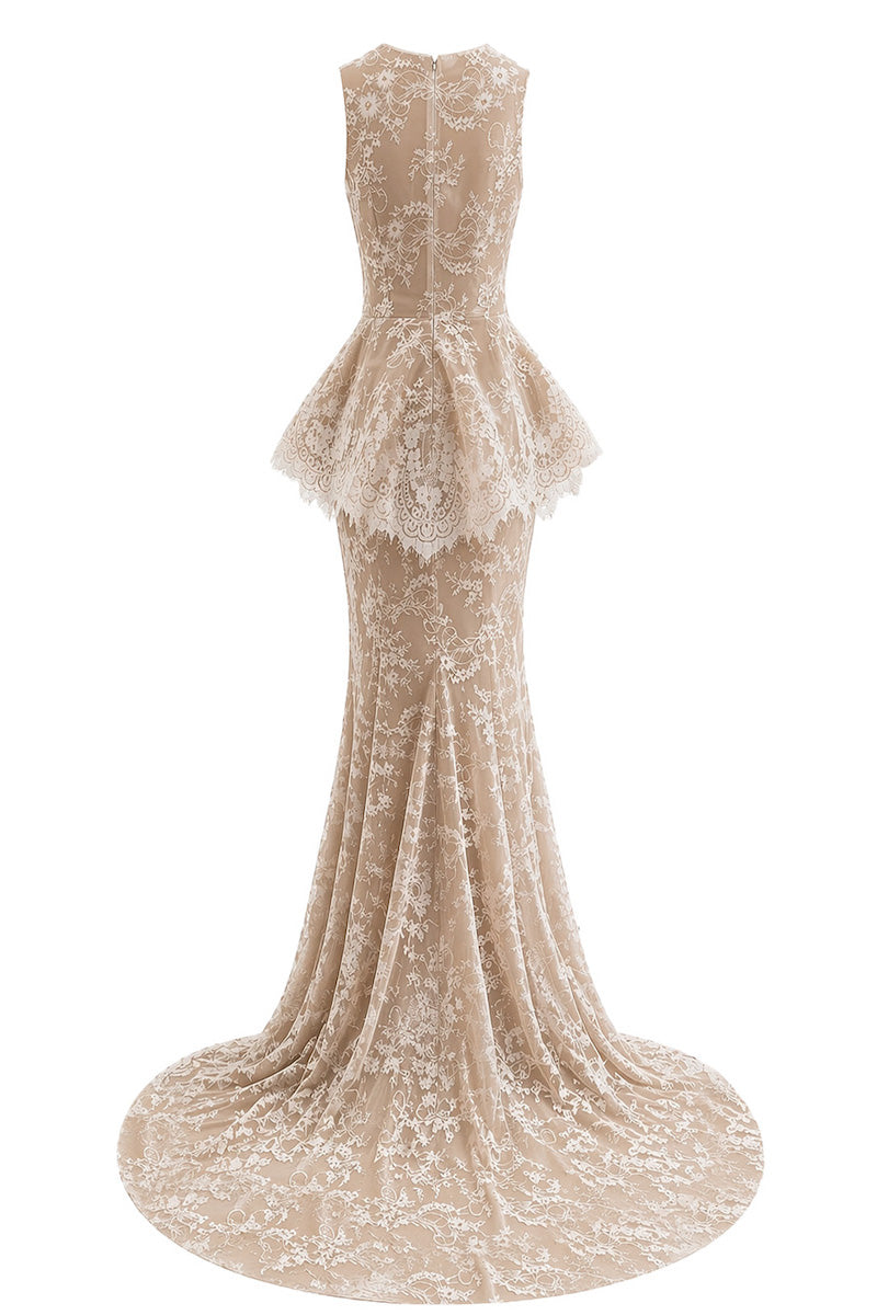 Elegant lace gown by Gigii's featuring intricate lace details and a flowing silhouette, perfect for formal occasions.