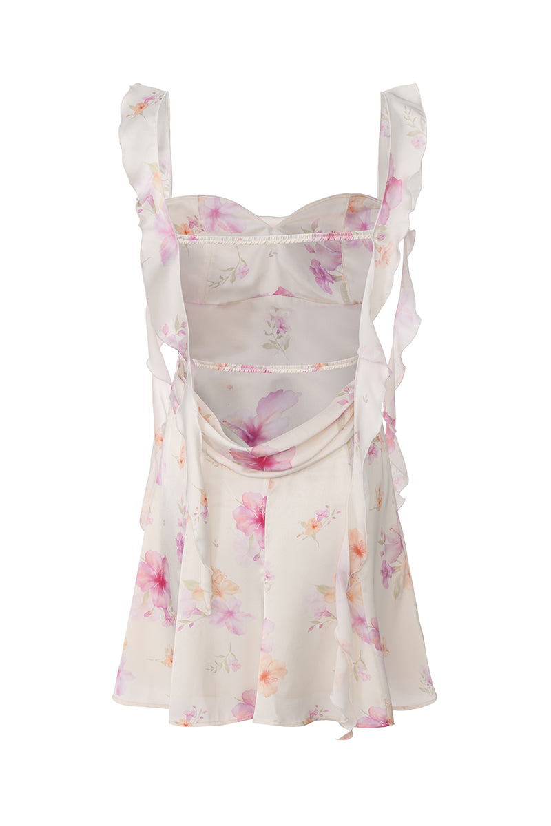Nana Jacqueline Karina floral mini dress displayed from the back, featuring a vibrant floral pattern and stylish design.