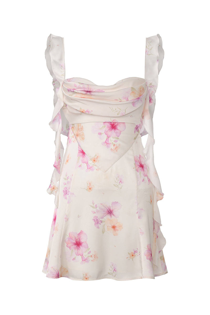 Nana Jacqueline Karina floral mini dress displayed from the front, showcasing its vibrant pattern and stylish design.