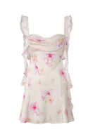 Nana Jacqueline Karina floral mini dress displayed on a hanger with a close-up of the front design and vibrant floral pattern.