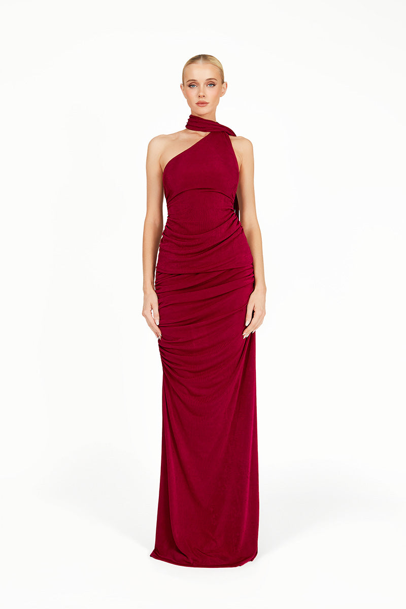 Red KARMINE co-ord maxi dress by Khanum's, featuring a stylish, fitted top and flowing skirt in vibrant red fabric.
