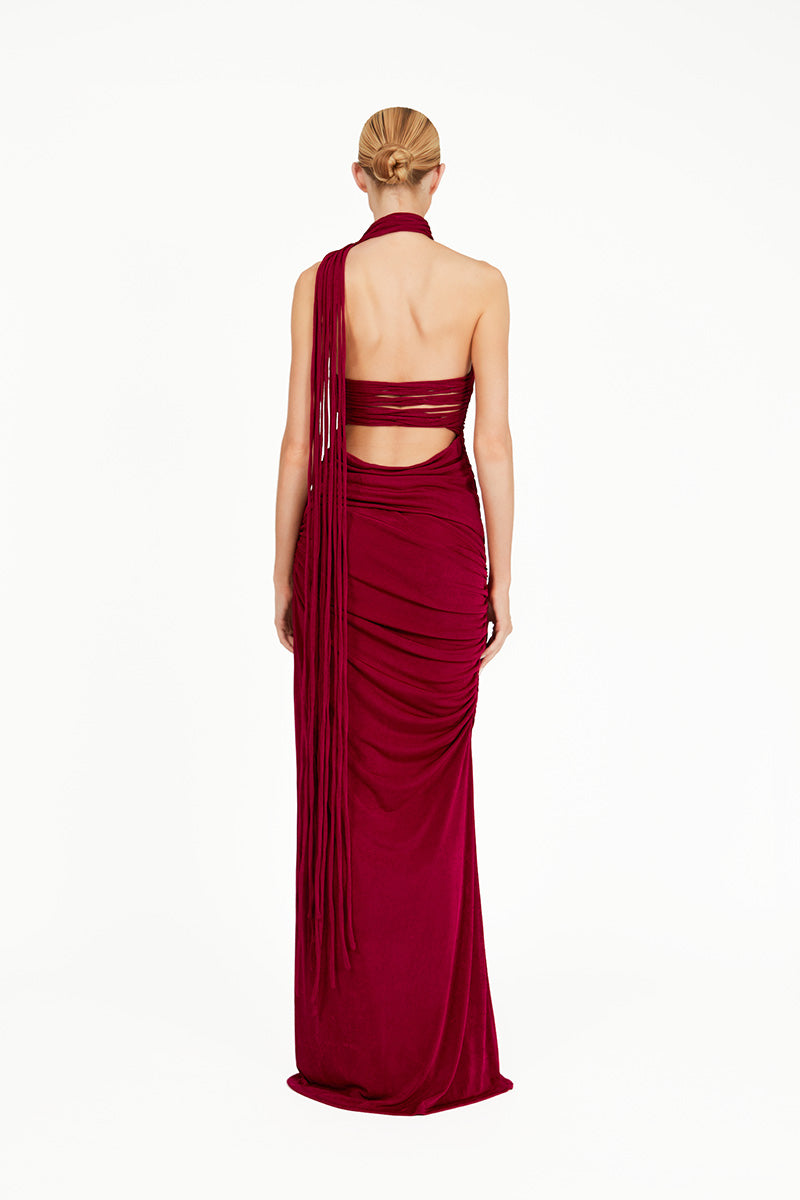 Red Karmine Co-ord maxi dress by Khanum's, featuring a stylish matching top and skirt ensemble in a vibrant fabric.