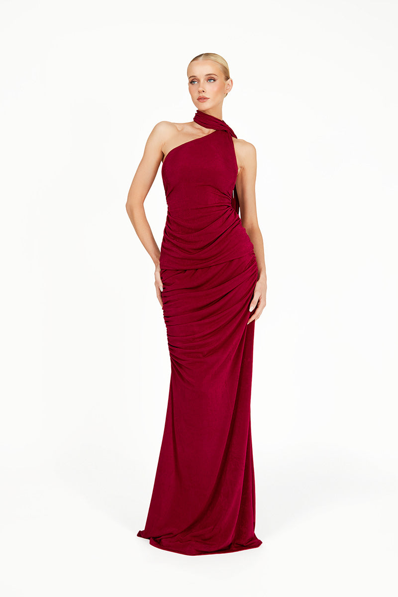 Red KARMINE co-ord maxi dress by Khanum's, featuring a stylish fit and vibrant color, shown on a model.