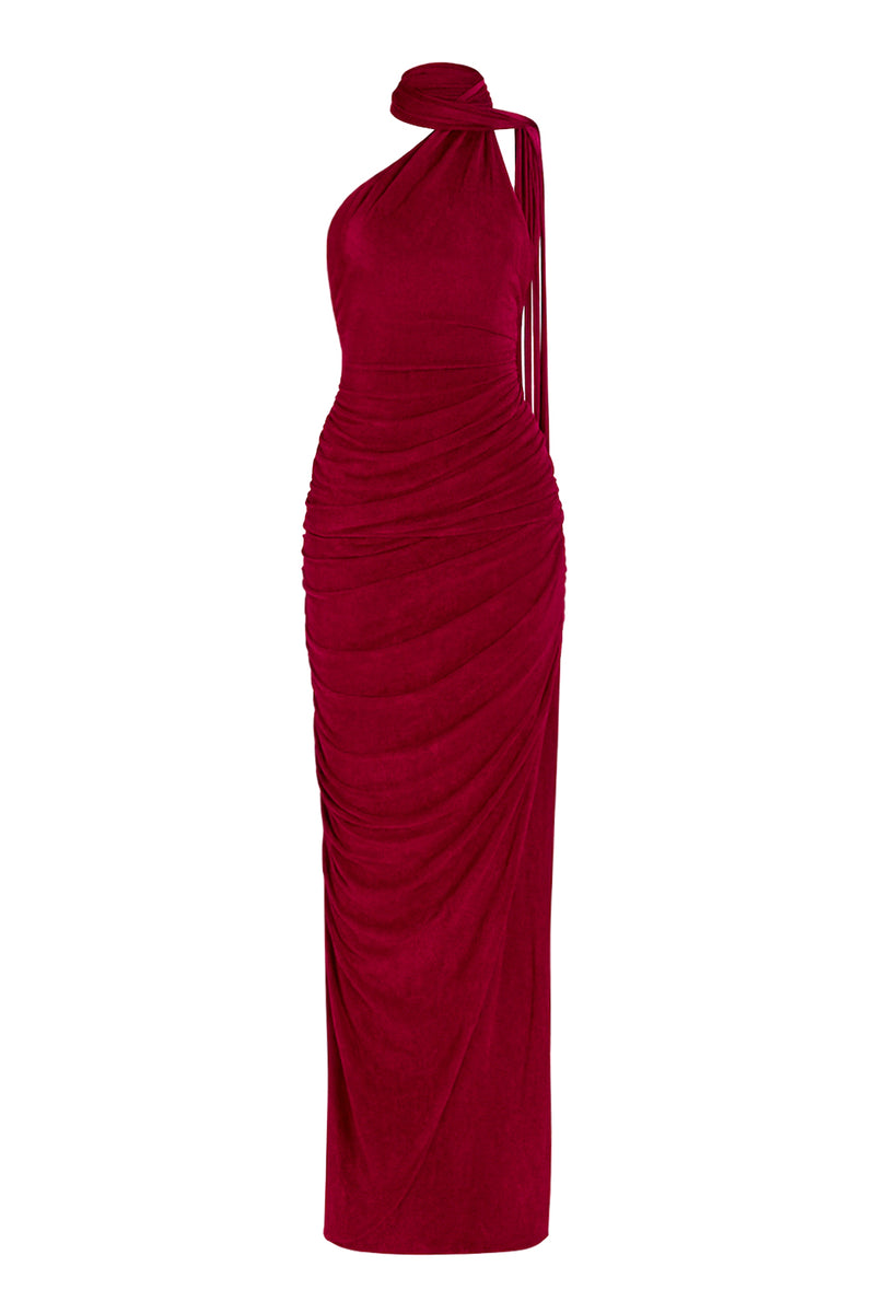 Karmine co-ord set in red featuring a stylish maxi dress with a matching top and skirt, designed by Khanum's.