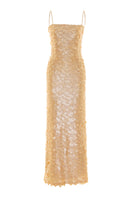Nana Gotti Karya midi dress featuring a flowy silhouette and elegant design, displayed on a hanger against a neutral background.