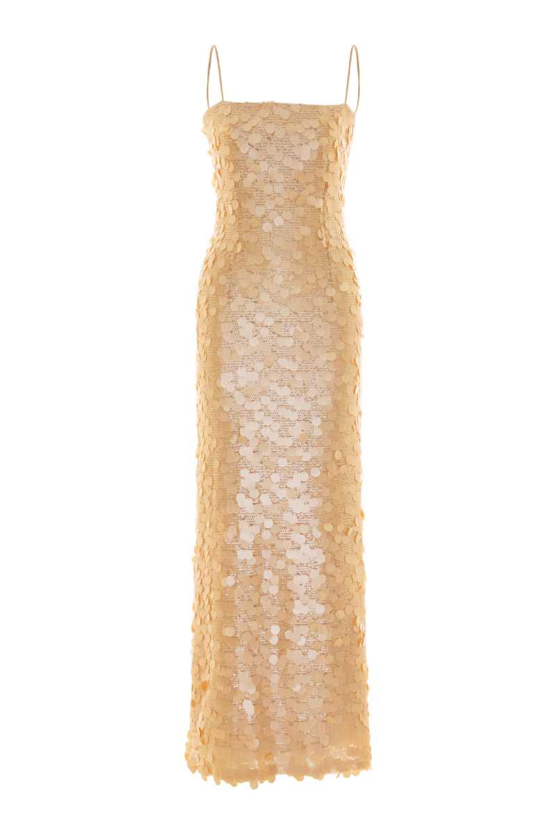 Nana Gotti Karya midi dress featuring a flowy silhouette and elegant design, displayed on a hanger against a neutral background.