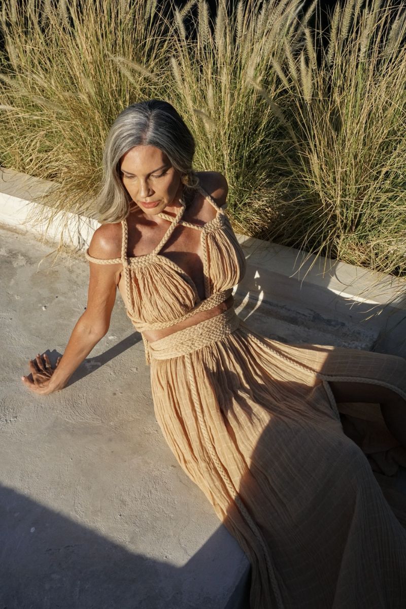 Kasia Kulenty Aphrodite co-ord set in sand, featuring matching top and bottom pieces with a stylish, relaxed fit.