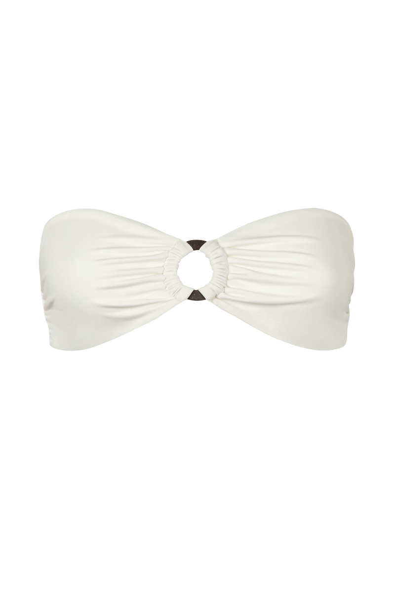 Alicia Swim Kate Coco bikini top in sandy beige fabric, featuring a stylish design with adjustable straps and a smooth finish.