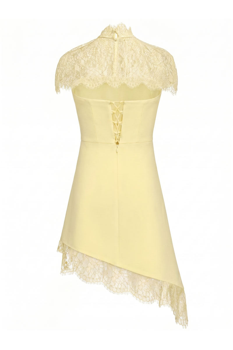 Matters Katea Butter Yellow Mini Dress displayed on a mannequin, showing its vibrant color and stylish sleeveless design.
