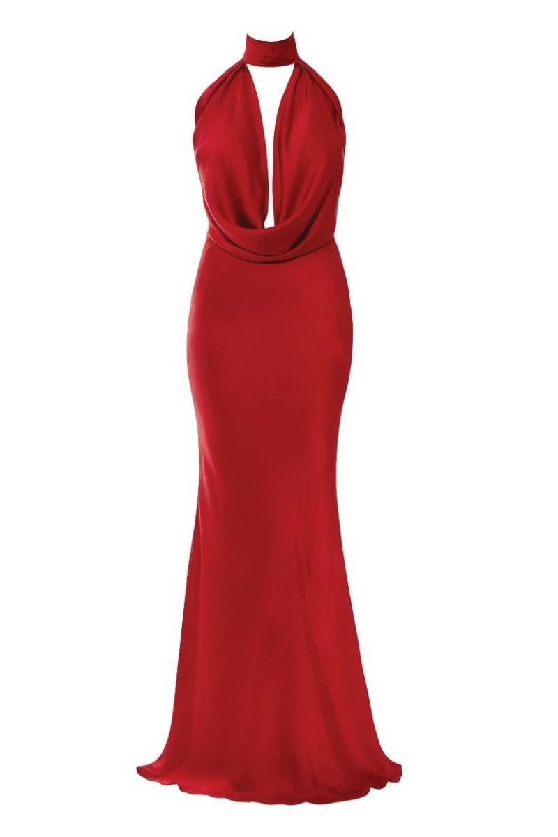 KATHY RED SATIN BACKLESS GOWN - CULT MIA