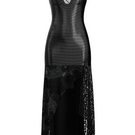 Black Maccapani Katie dress in midi length with a fitted silhouette and elegant design, showcased on a model.