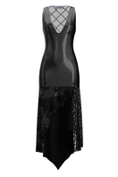 Black Maccapani Katie dress in midi length with a fitted silhouette and elegant design, showcased on a model.