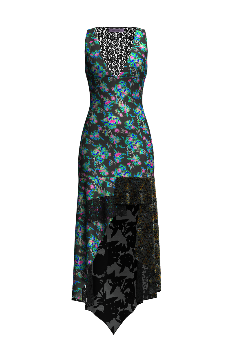 Colorful Maccapani Katie midi dress with a vibrant multicolor pattern, featuring a flowing silhouette and stylish design.