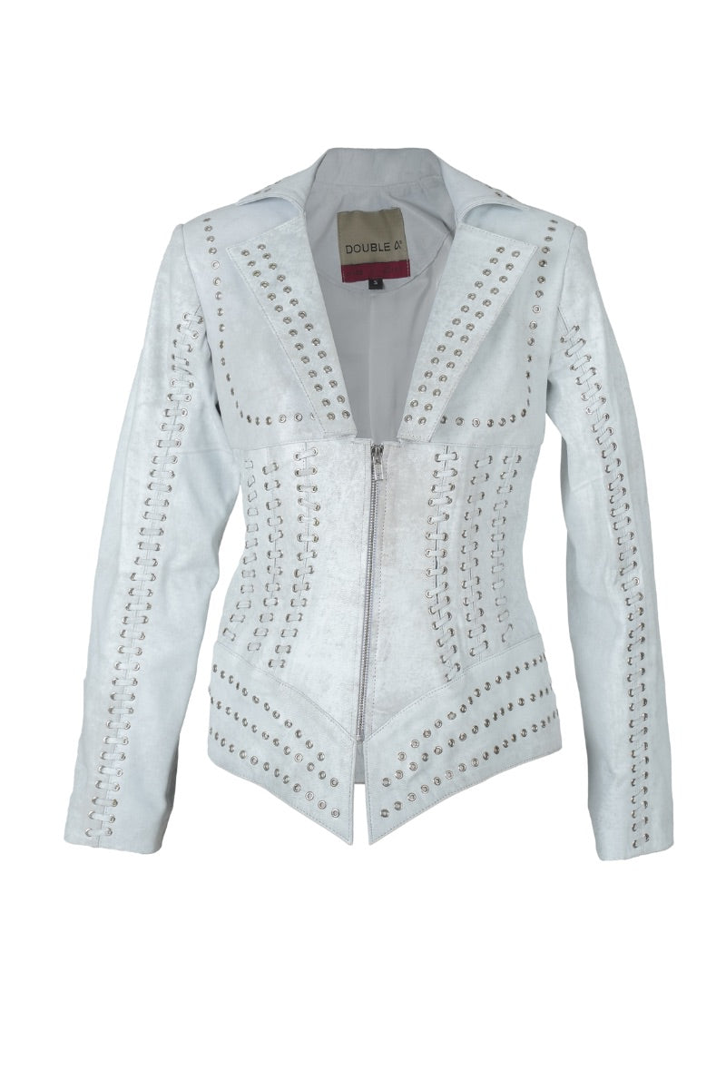 Double A Kayla leather jacket in washed white, stylish women's jacket with a sleek fit and textured leather finish.