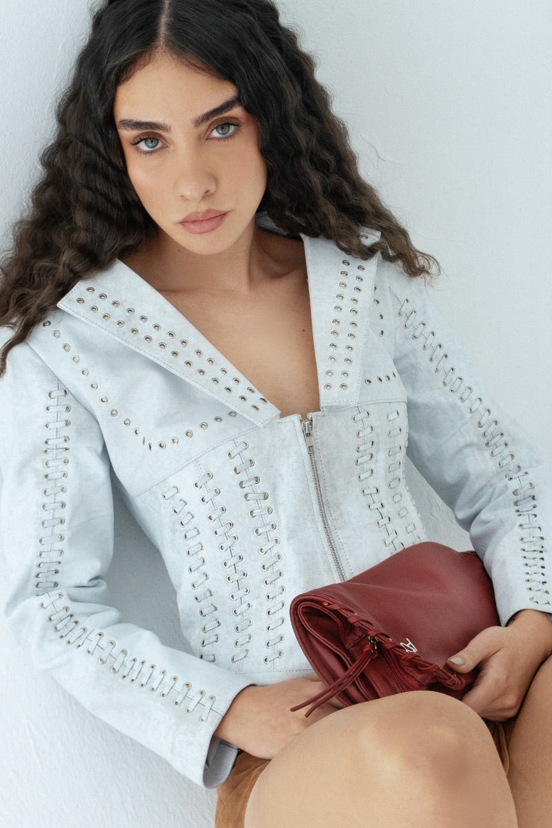 Double A Kayla leather jacket in washed white, stylish women's jacket with a sleek, modern design and textured leather finish.
