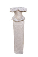 YASSMIN SALEH silver keepsake gown with ghostly front design, elegant and flowing, perfect for formal occasions.
