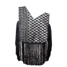 Black keffiyeh slip clutch bag with fringes by Sarah's Bag, featuring a textured pattern and compact design for stylish carry.