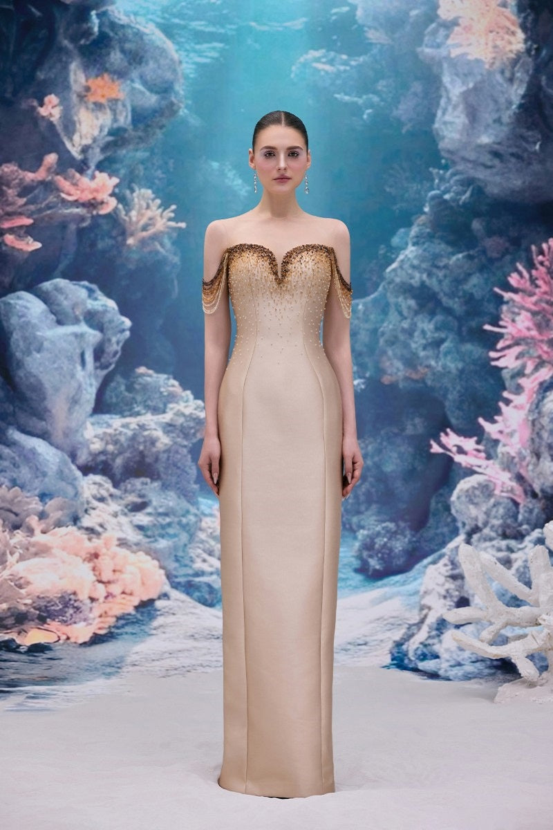 Beige Celeste Royal Taffeta gown by 21Six featuring elegant draping and a flowing silhouette, perfect for formal occasions.