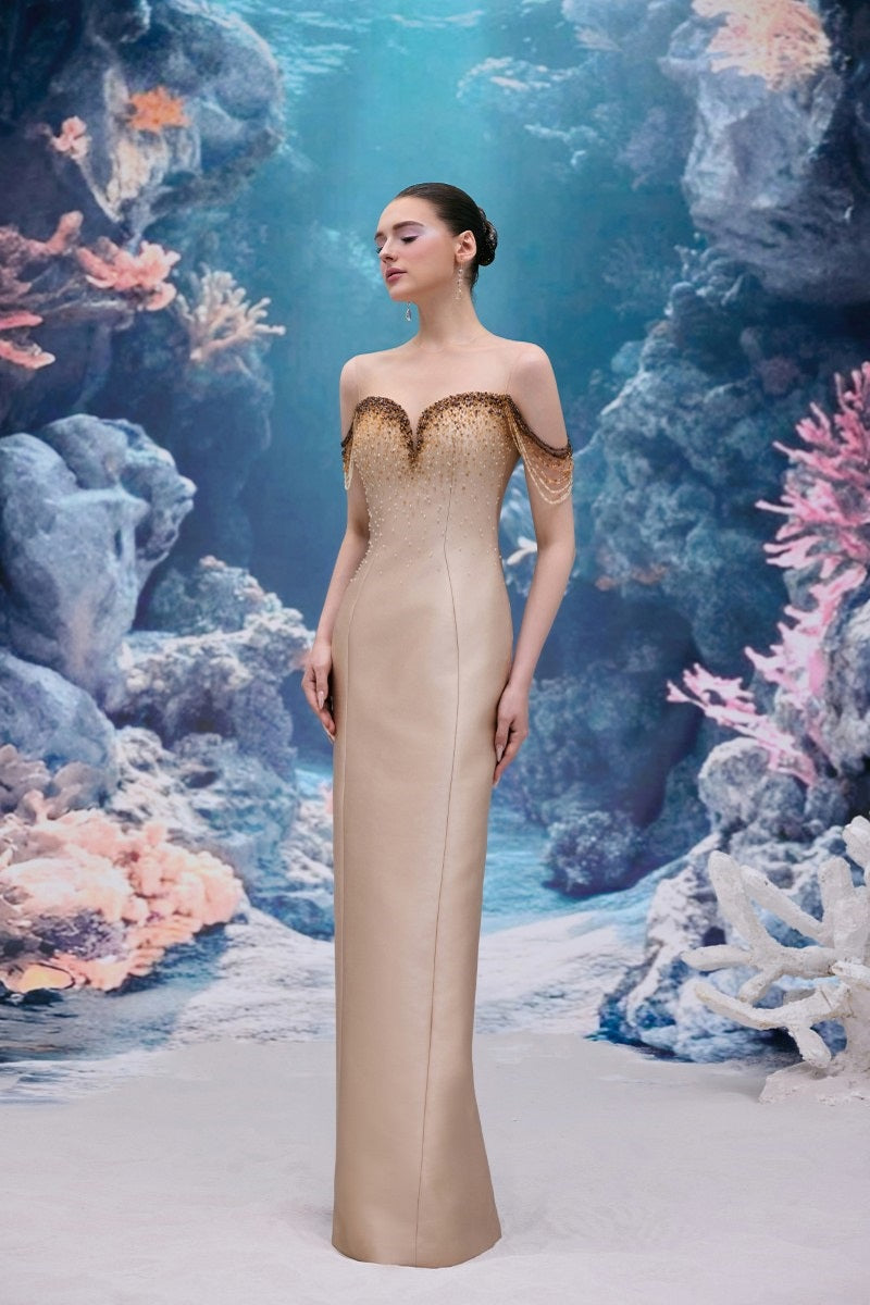 Beige Celeste Royal Taffeta gown by 21Six with elegant design, featuring a fitted bodice and flowing skirt, perfect for formal occasions.