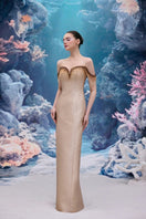 Beige Celeste Royal Taffeta gown by 21Six, elegant formal dress with a flowing silhouette and intricate taffeta fabric.