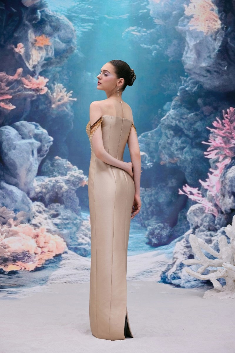 Beige Celeste Royal Taffeta gown by 21Six, elegant formal dress with a flowing design and intricate detailing.