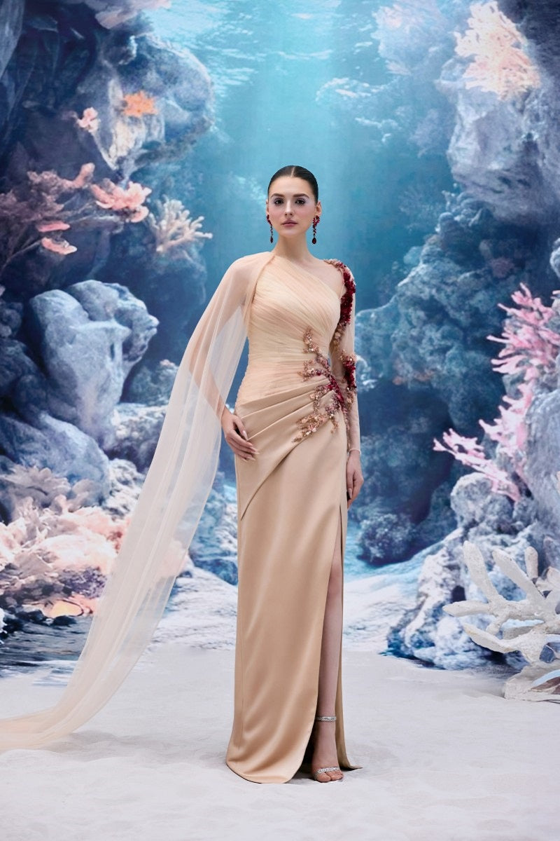 Beige Irena tulle and silk taffeta gown by 21Six, with flowing fabric and elegant design, perfect for formal occasions.