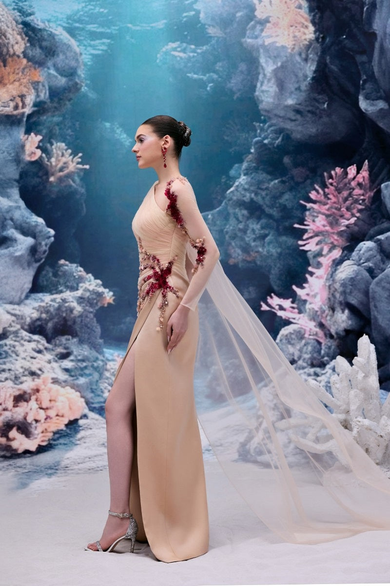 IRENA TULLE AND SILK TAFFETA DRESS IN BEIGE | CULT MIA