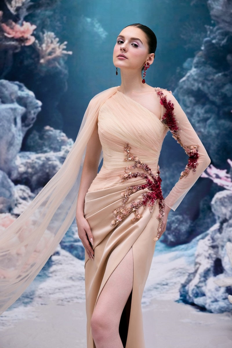 Beige IRENA tulle and silk taffeta gown by 21Six, featuring elegant draping and intricate fabric details.