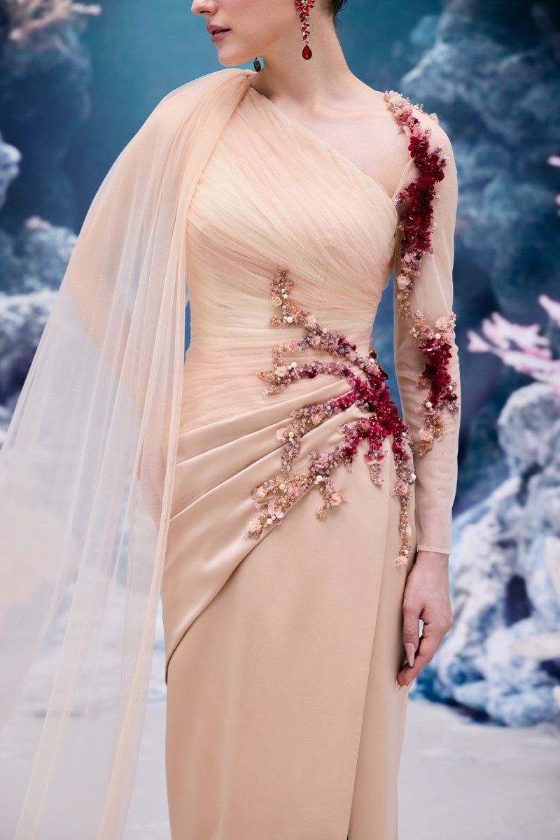Beige IRENA tulle and silk taffeta gown by 21Six, featuring elegant fabric and flowing design, perfect for formal occasions.