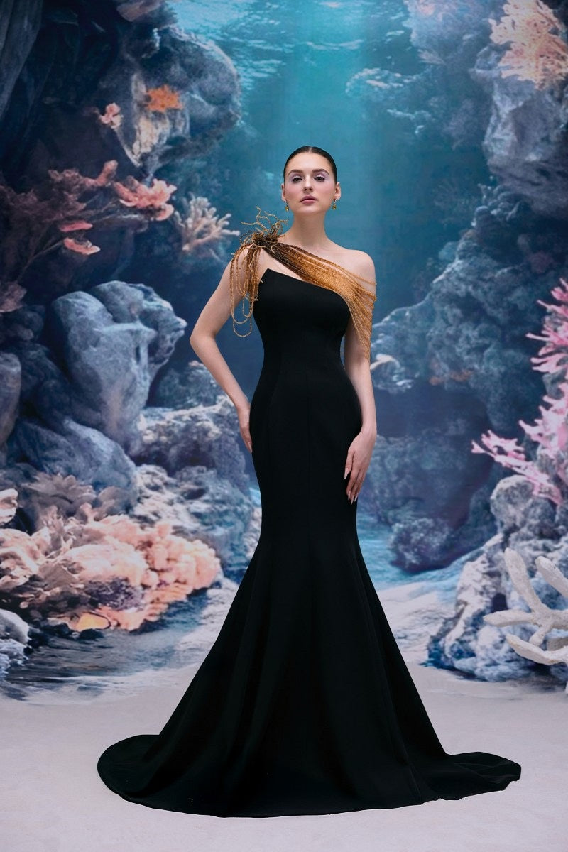 Black Thalia crepe gown by 21Six, featuring elegant design and flowing fabric, perfect for formal occasions.