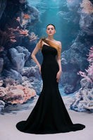 Black Thalia crepe gown by 21Six, elegant floor-length dress with sleek design and smooth crepe fabric.
