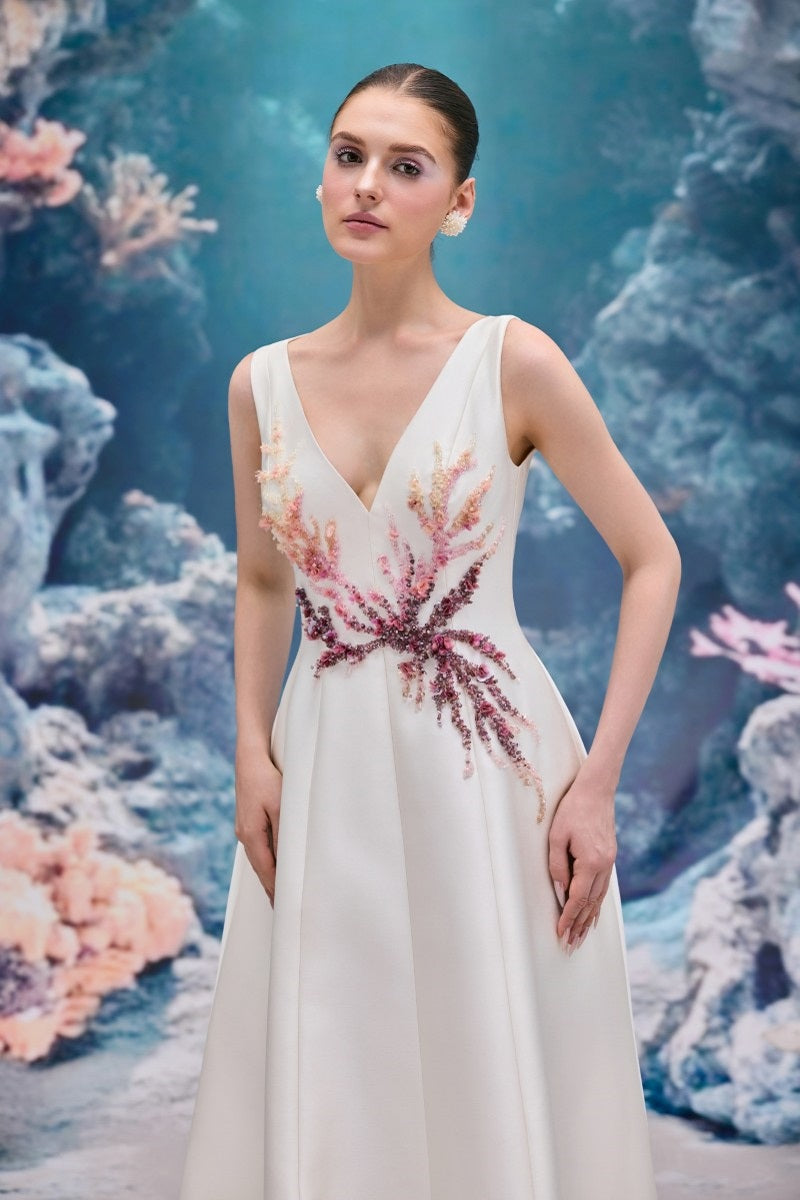 White Evelina Royal Taffeta gown by 21Six, showcasing elegant fabric and classic design, perfect for formal occasions.