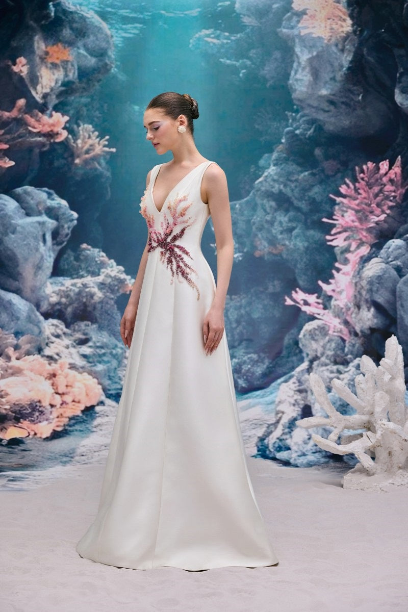 Elegant white Evelina Royal Taffeta gown by 21Six, featuring a flowing design and intricate details, perfect for formal occasions.