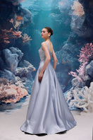 Blue Sienna Royal Taffeta gown by 21Six, featuring elegant fabric and classic design, showcased on a model.